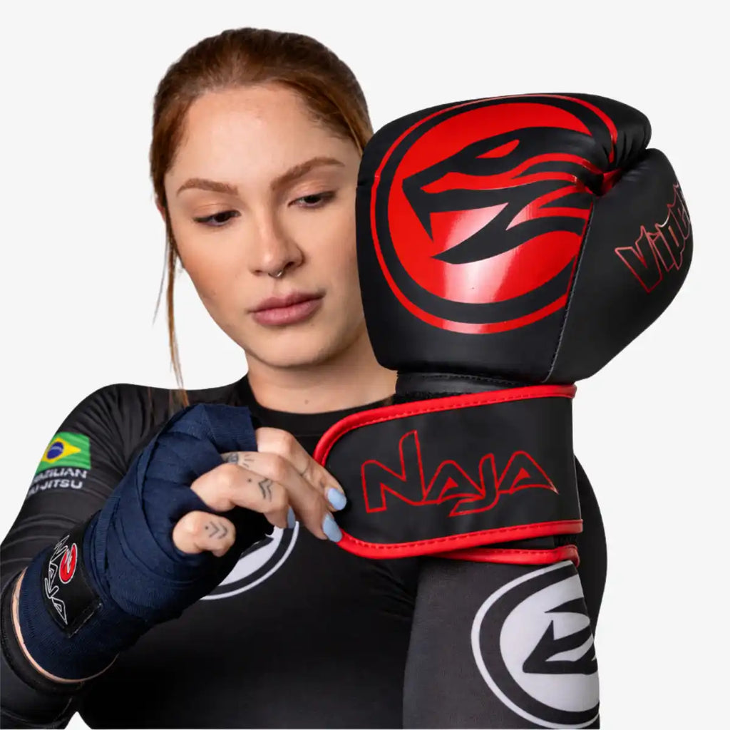 Kit_Luva_de_Boxe_e_Muay_Thai_Naja_Viper_Preto/Vermelho